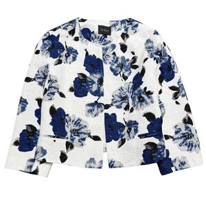 {De Novo} Blue White Floral 3/4 Sleeve Open Front Bolero Blazer Suit Coat Jacket